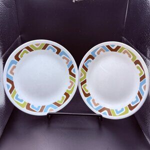 2 Vtg Corelle Vitrelle “Squared” 10.25" Dinner Plates Retro Geometric Pattern